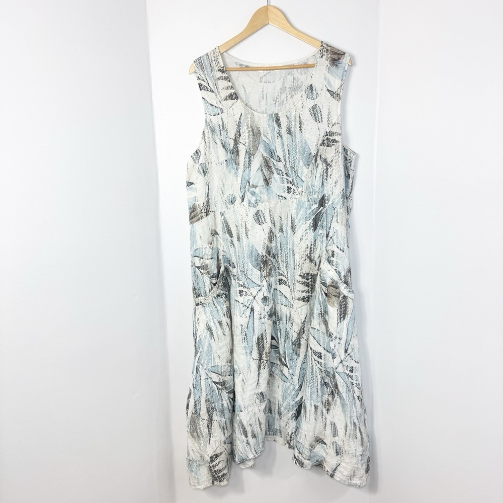 WoolOvers Size 14 Linen Sleeveless Midi Dress Neutral Coastal Lagenlook Pockets
